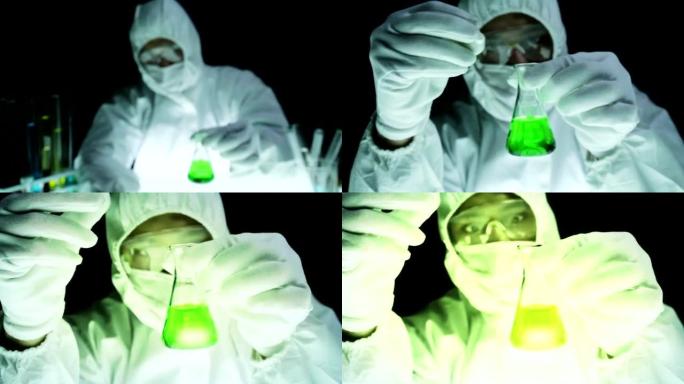 科学家放射性元素实验发光烧杯