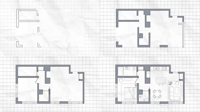 建筑计划动画蓝图公寓烤架褪色墙壁室内设计蓝色墙壁家具