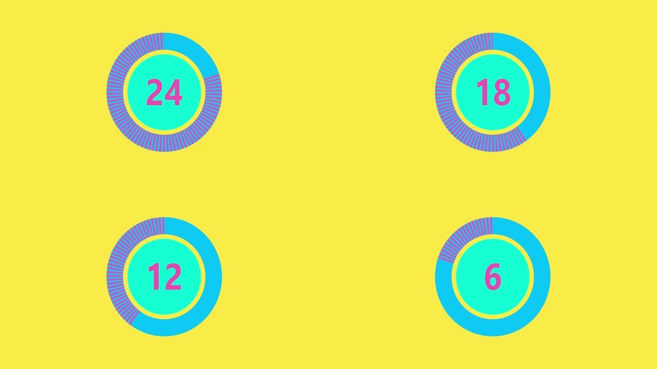 倒计时计时器从30到0秒实时。黄色背景倒计时动画的现代平面设计。4k分辨率
