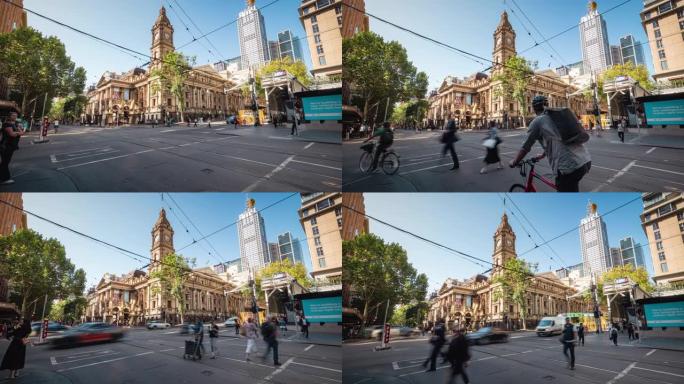 在澳大利亚维多利亚州墨尔本市的墨尔本市政厅，拥挤的通勤者和游客步行和穿过斯旺斯顿街和柯林斯街的时间推