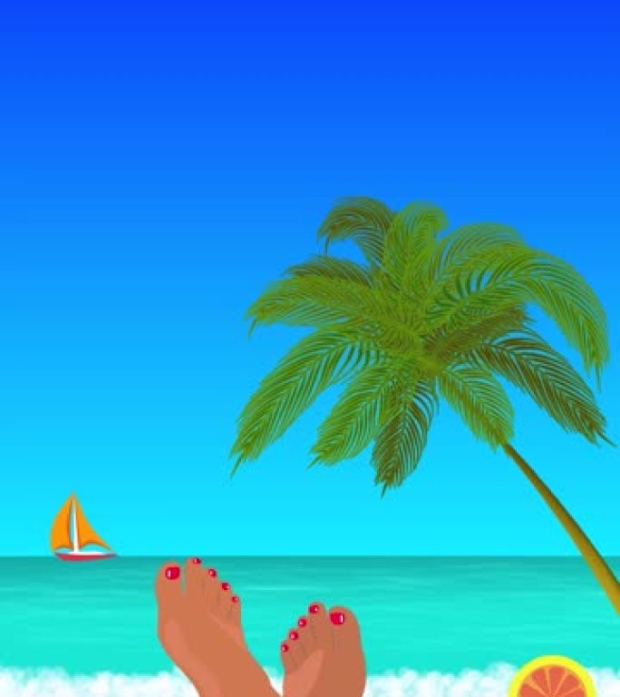 垂直社交媒体模板。海滩氛围。女性的腿在移动的大海，鸡尾酒，棕榈树，黄沙，远处的船的背景下。复制空间。