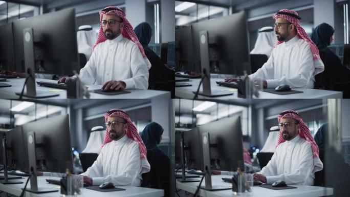 在研究实验室从事计算机工作的阿拉伯年轻同事。专注于穆斯林男性软件开发人员同事，为他们的合作工业技术项