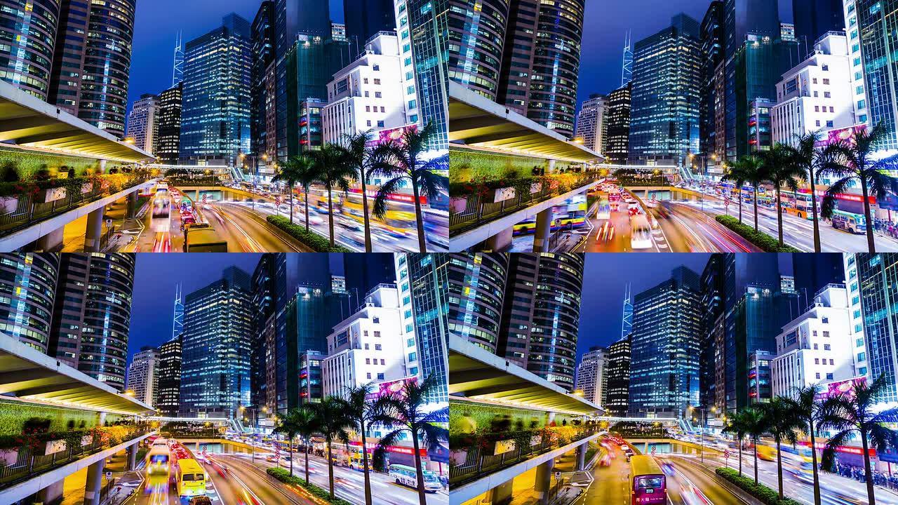 繁忙的城市夜晚时光倒流。中环。香港。高清宽镜头。