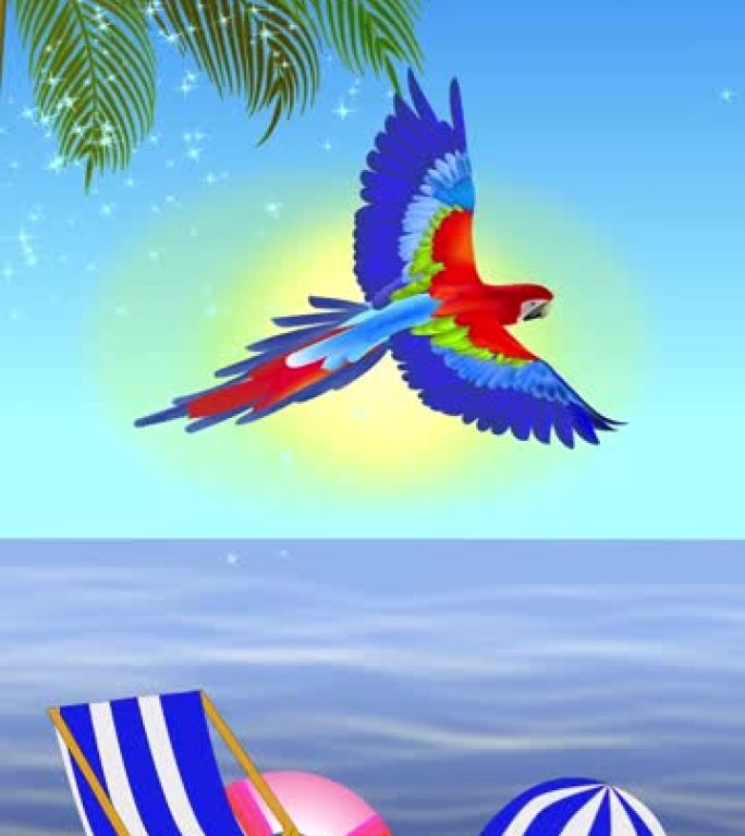 垂直社交媒体模板。澳门鹦鹉在棕榈树，海边，阳光下飞翔。