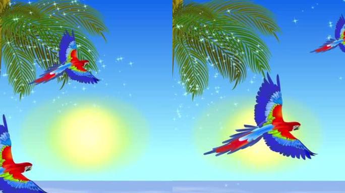 垂直社交媒体模板。澳门鹦鹉在棕榈树，海边，阳光下飞翔。
