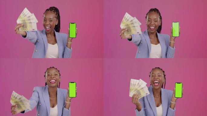 黑人妇女，金钱和带有绿屏的电话，用于在工作室背景下中奖，彩票或现金的模型。快乐的非洲女性庆祝在带有c