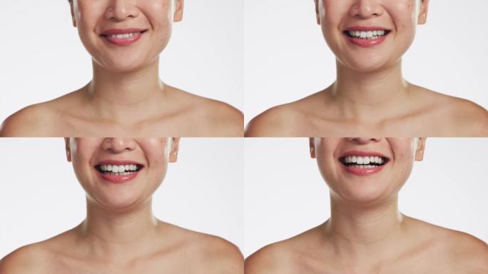 工作室里一个女人的微笑、牙齿和嘴巴用干净、洁白、健康的牙齿笑着。通过白色背景进行口腔卫生治疗或常规治