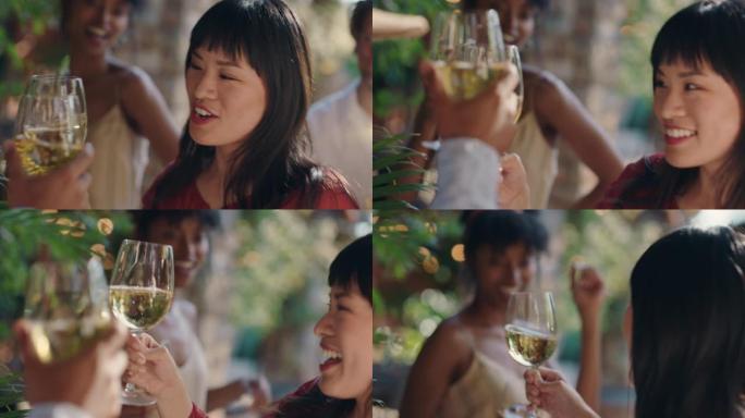 美丽的亚洲女人在夏季舞会上与朋友跳舞喝酒做吐司享受夏季社交聚会在阳光明媚的日子庆祝快乐4k镜头