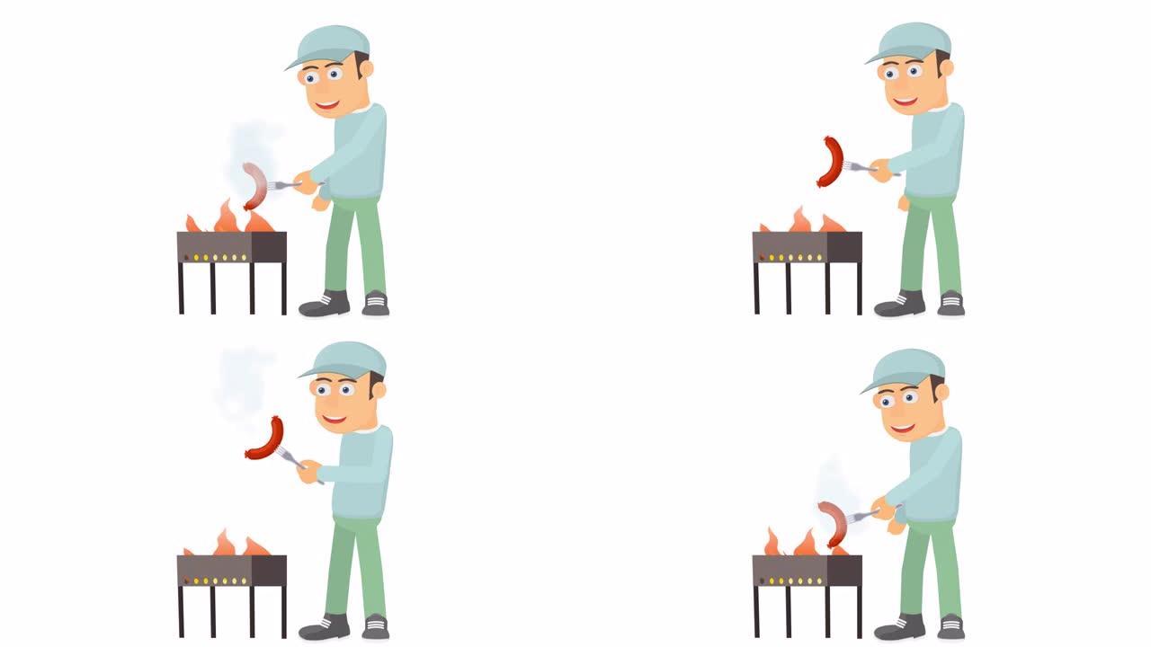 烧烤准备。一个人在火上炸香肠的动画。卡通