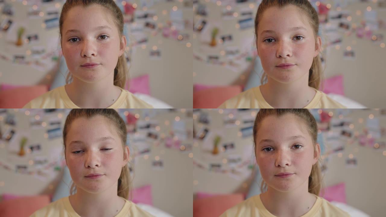 肖像美丽的少女在bedrrom青少年自我形象概念4k镜头中看起来自信的少女在家