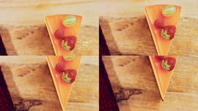 一片蛋糕与橙桃和草莓果冻的轮廓效果。微距和滑块拍摄。背景是复古的气氛