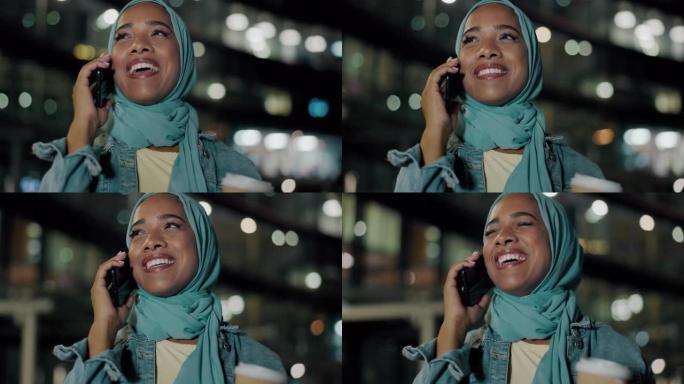 电话，城市和穆斯林妇女在晚上微笑聊天，交谈和社交网络。通信，5g连接和智能手机上的快乐女孩，用于对话