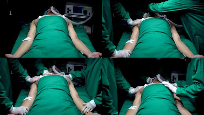 4K，近距离观察，患者躺在床上等待手术，在手术室里，手鼻口僵硬抽搐，戴着氧气面罩，三名医生冲过来仔细