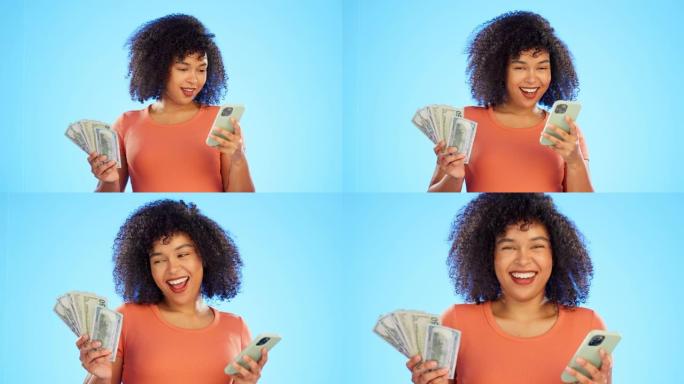面对微笑，电话和女人在工作室里用美元隔离在蓝色背景上。获胜者，成就和快乐的女性在抽奖，奖品或比赛后用