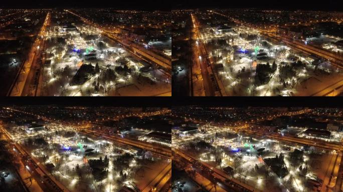 Mariupol.新年2022.战前。从上面帕克·维塞尔卡。向左飞。美丽的城市装饰。夜晚在雪中宁静的