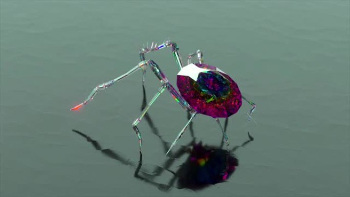 蜘蛛的身体由钻石制成，在光滑的镜面上行走。红色。无缝循环的3d动画