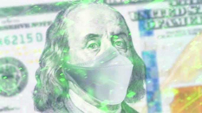带面罩的美元钞票。冠状病毒影响全球股市。