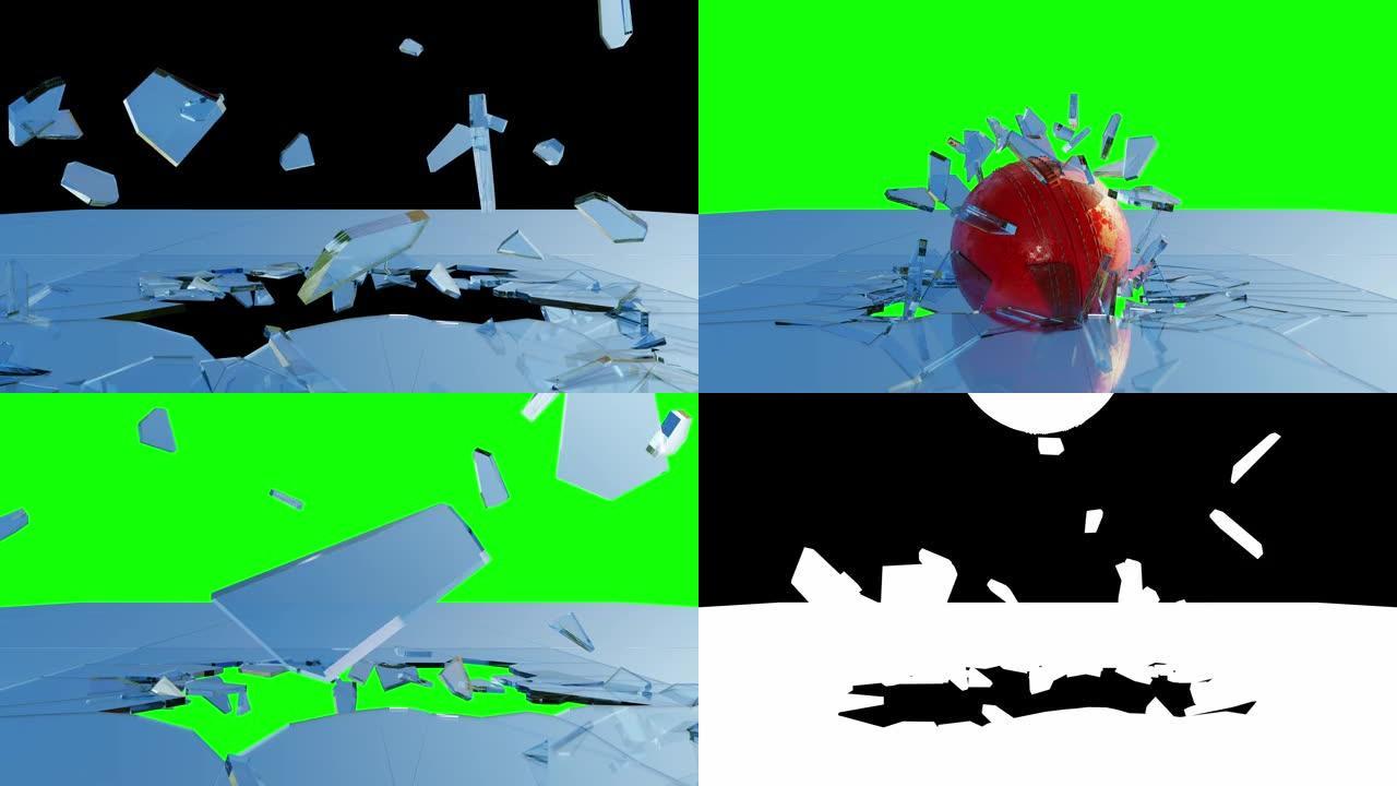 板球打碎玻璃，碎玻璃在空中飞舞。黑色、绿色和哑光背景的4k慢动作视频。