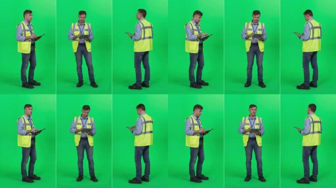 三合一绿屏拼贴: 中年工业工程师，建筑专家，仓库工人穿着高可见度的背心，使用平板电脑。Chromak