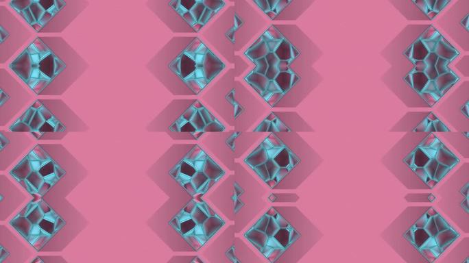 方形盒子的对称组成，具有几何裂纹图案和粉红色背景上的长阴影。数字无缝循环动画。3d渲染4K