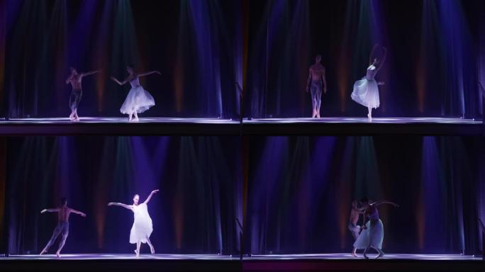 舞台的电影静态宽镜头: 两名年轻的古典芭蕾舞演员在剧院表演。专业男女表演者在演出前一起排练舞蹈