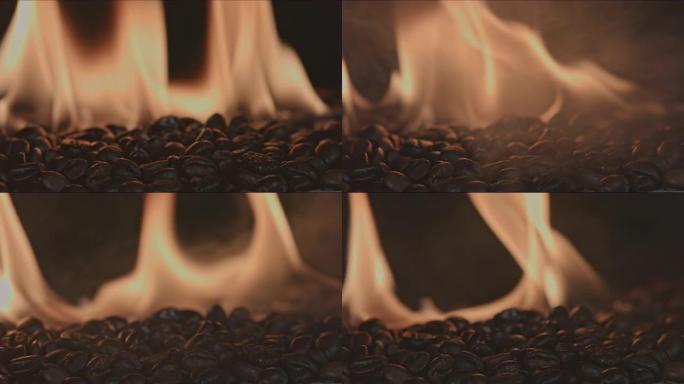 特写高温烘烤燃烧咖啡豆着火
