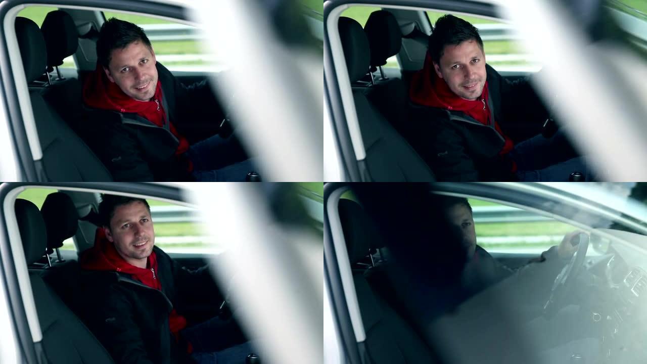 高清剪辑: 男人在车里微笑，邀请女人坐下