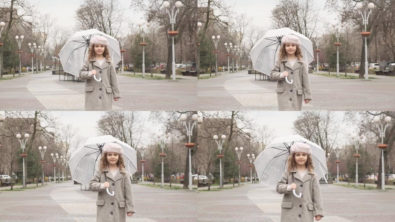 一个美丽的小女孩拿着一把白伞在城市里走来走去。