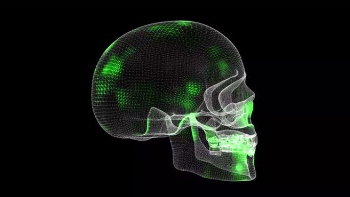 通过黑色背景上的3D头骨旋转传播防病毒。病毒治愈的演示。医学概念。对身体进行扫描和治疗。3D动画