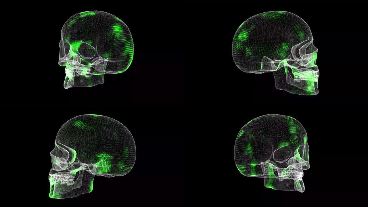 通过黑色背景上的3D头骨旋转传播防病毒。病毒治愈的演示。医学概念。对身体进行扫描和治疗。3D动画