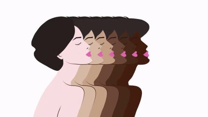 皮肤类型不同的女孩的身材。具有不同肤色的黑发女性的4k镜头动画。多元文化主义是统一的概念。
