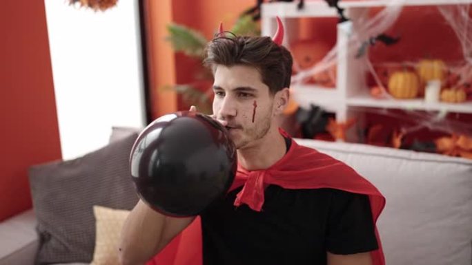 年轻的西班牙裔男子穿着魔鬼服装在家里充气气球