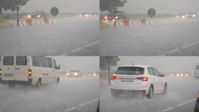 当交通不畅时，大雨会溅到沥青上。