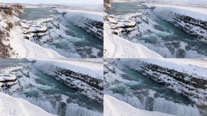 冰岛黄金圈之旅Hvita河上Gullfoss瀑布的全景