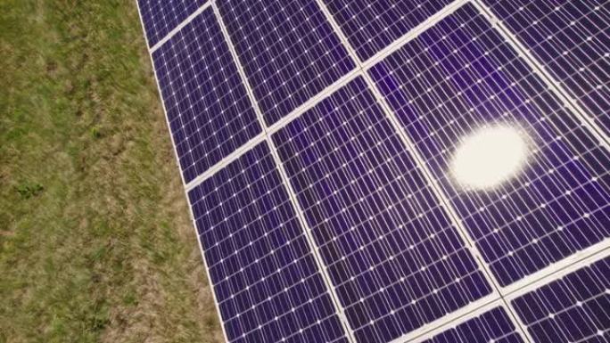 野外发电厂的紫罗兰蓝紫色太阳能电池板，阳光刺眼。绿色可再生能源和环境保护。替代电源技术。