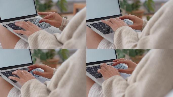 女人用笔记本电脑打字，带空白绿屏浏览在线工作自由博客分享移动电脑色度键无法识别的人4k