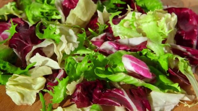 新鲜混合沙拉田蔬菜堆放特写俯视图。各种蔬菜叶子壁纸。健康多汁的沙拉与油菜，菊苣，甜菜叶和生菜混合在一