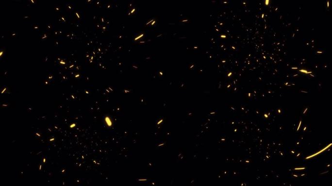 循环动画流动发光橙色火粒子火花上升黑色抽象背景。元素隔离透明视频动画文本与alpha通道使用快速时间