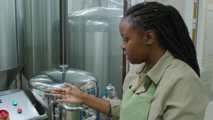 非裔美国女技术员在啤酒厂与同事交谈