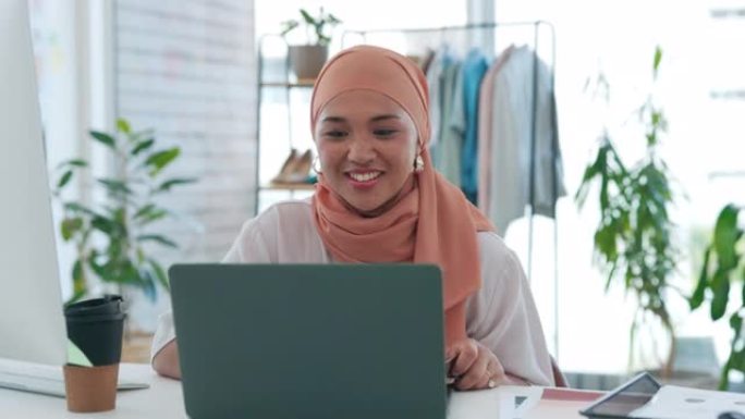 时装设计师或幸福女人在笔记本电脑电子商务销售，穆斯林商业创业或在线零售管理。年轻的伊斯兰或盖头人、企