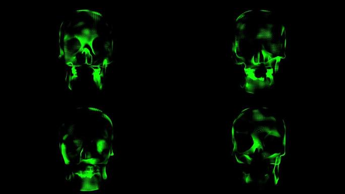 黑色背景上闪烁着绿色的人类头骨。医学概念。头骨扫描。危险的象征。大脑断层扫描。疫苗的效果。3D动画。