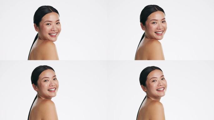 亚洲女人，护肤和美丽的面孔，微笑和激光转换工作室白色背景。沙龙化妆品、健康光泽和皮肤病学的快乐模特、