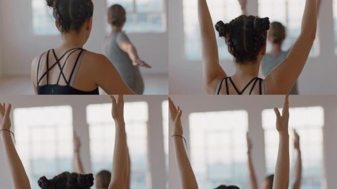 孕妇瑜伽课锻炼健康生活方式练习树木姿势享受日出工作室集体健身锻炼