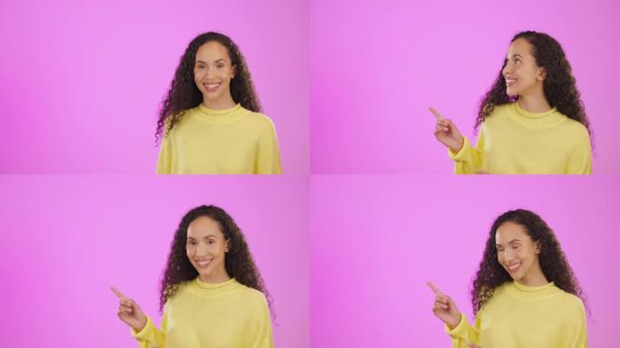 在工作室里，一个孤立在粉红色背景上的女人的广告，模型和肖像。展示、介绍和女孩营销，在推荐空间做广告或