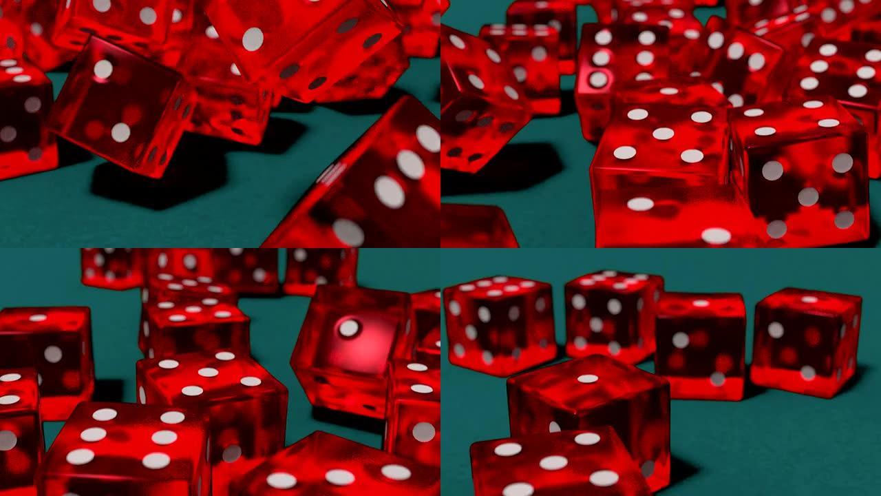 骰子滚动红色慢动作近景DOF在蓝色毡桌面