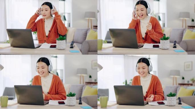 女人通过家庭笔记本电脑，耳机和虚拟的国际在线会议进行视频通话。您好，wave和亚洲人在中国的网络研讨