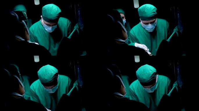 4K，特写医生做手术，男人躺在手术床上，不要压力很集中，医生穿绿色西装只穿在手术室里，这是一套经过消