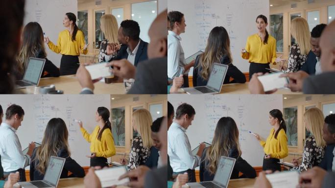 商业女性领导者在办公室会见公司团队，在董事会演讲中，指着白板展示想法，与同事讨论战略