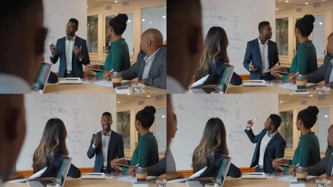 非裔美国商人在办公室与公司团队会面，提出指向白板的想法，在董事会演讲中与同事讨论策略