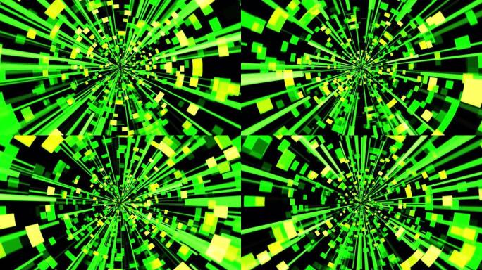 以60fps径向扩展绿色和黄色矩形的网络空间图像运动背景